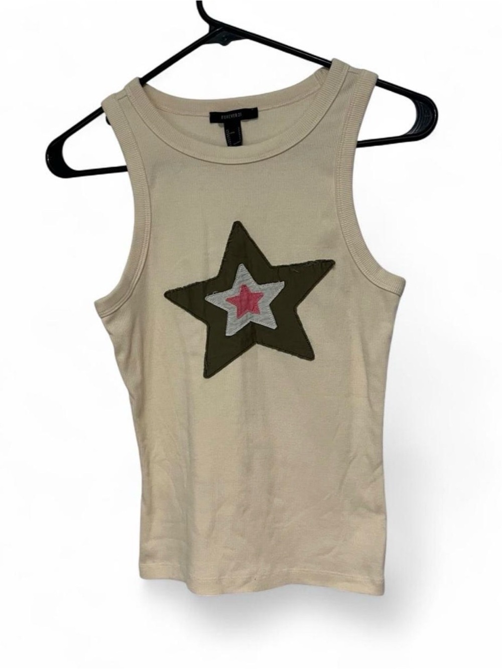 Forever 21 Y2K Cream Country Western Green Star Patch Ribbed Tank Top